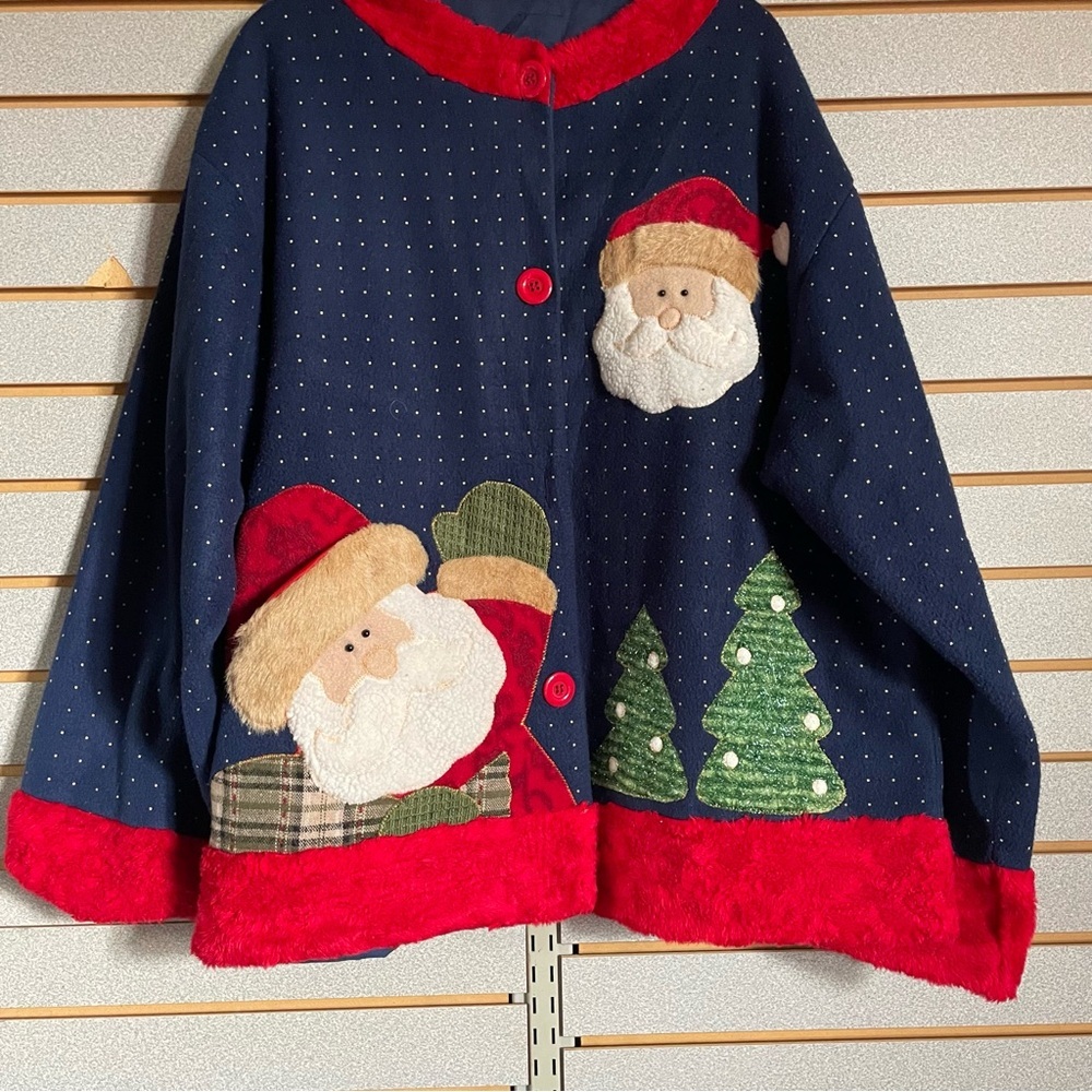 VTG Handmade Fleece Christmas Sweater Button Up Long Sleeve 2X 3X Santa Trees